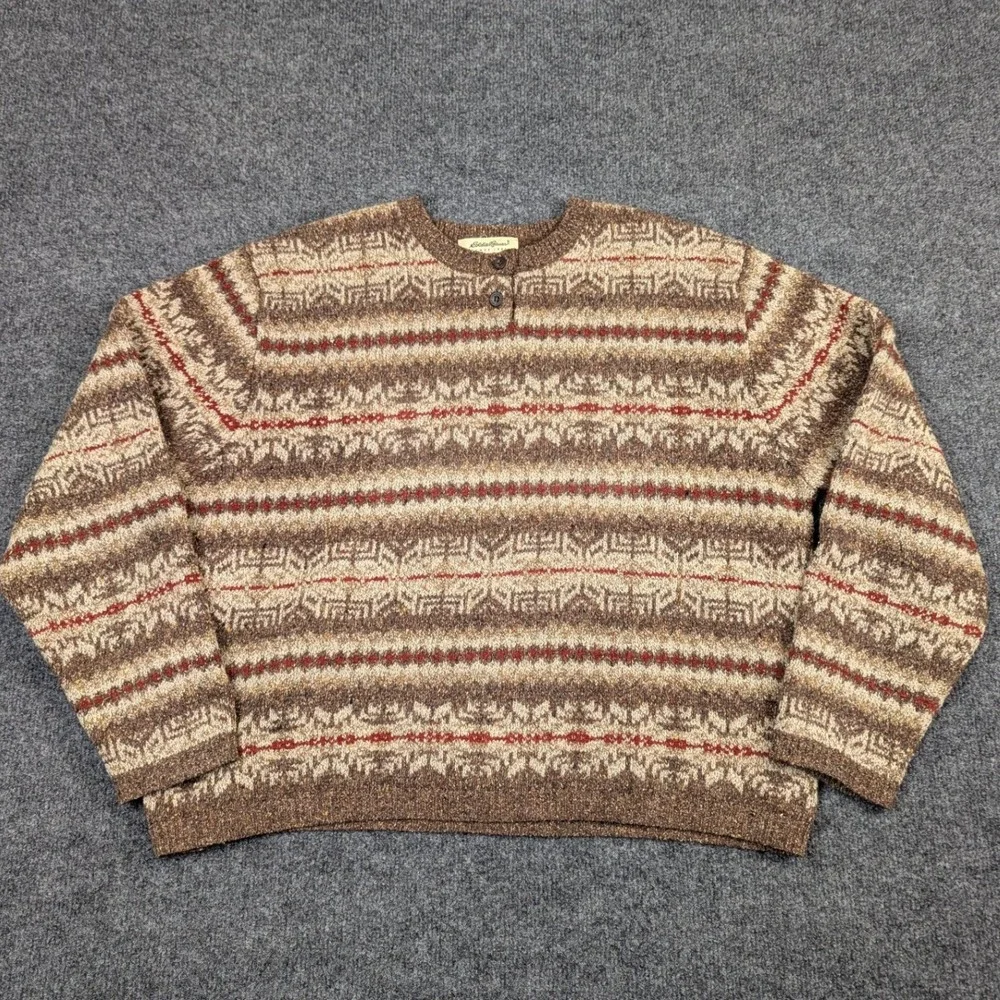 Eddie Bauer Womens Large Brown Fair Isle Wool Silk Blend Henley Sweater L